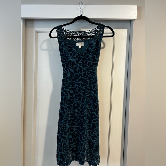 🦚EUC Anthropologie Moulinette Soeurs Silk Blend Burnout Velvet Teal Dress Size 4 - Picture 2 of 9